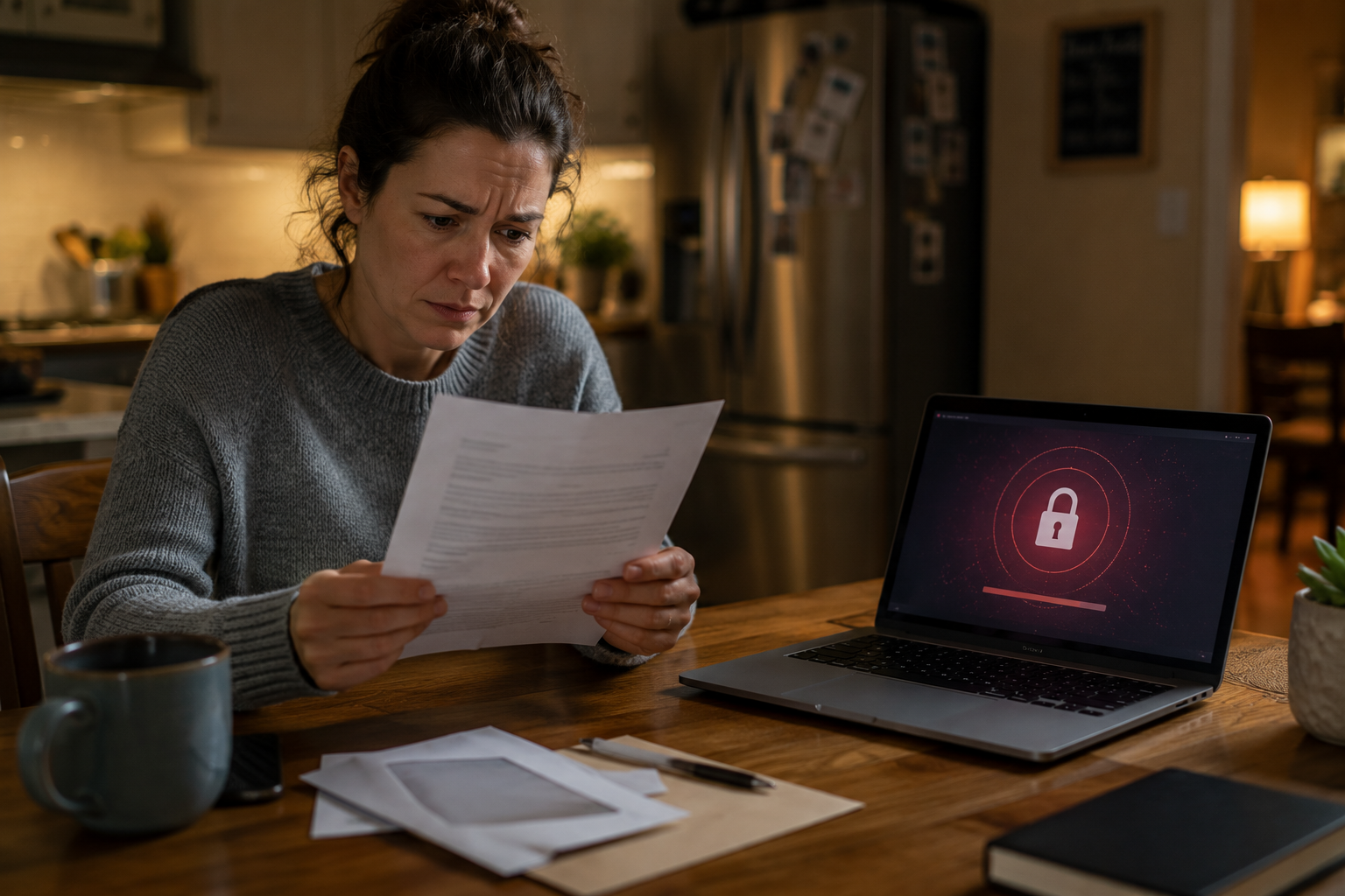 Woman at a wooden table reads a document with a worried expression; laptop on the table shows a red padlock security screen inside a home kitchen environment.