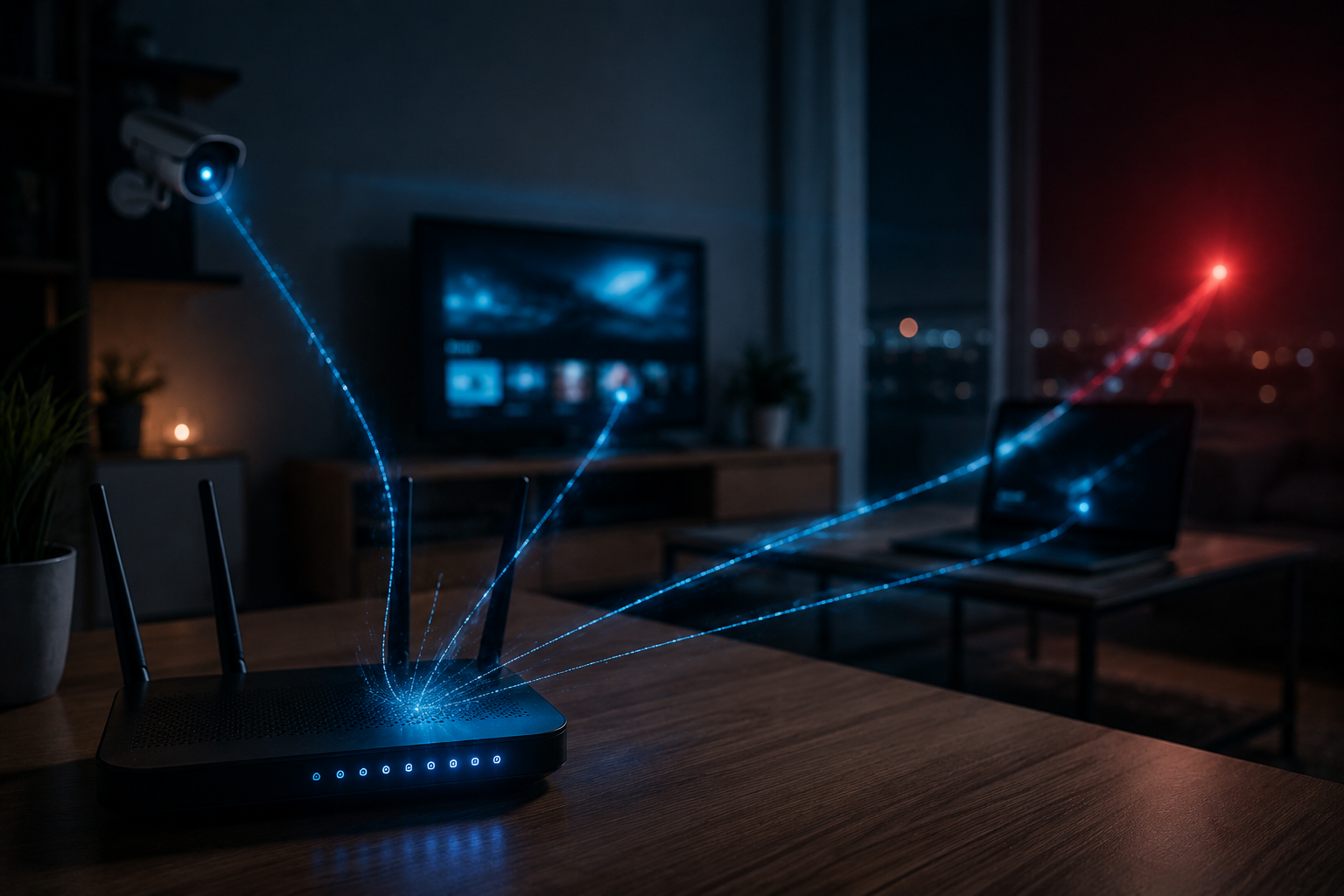 Wi-Fi router with four antennas on a wooden desk, blue light lines show wireless connections to devices in a dark living room (camera, TV, laptop).